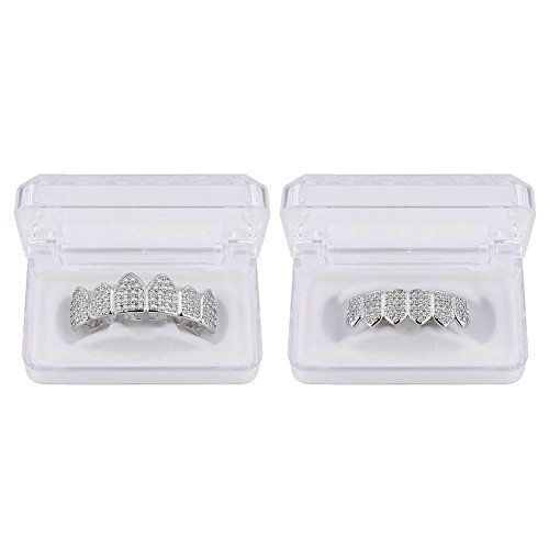 Jinao 18K Gold Plated Grills For Your Teeth Macro Pave Cz Iced Out Grillz With Extra Molding Bars Included (Silver Set) #TOP3
