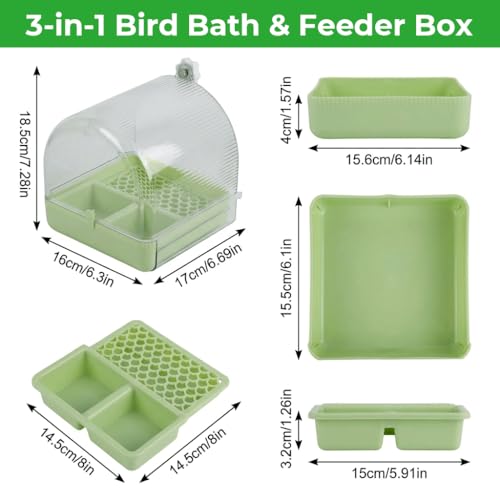 Image of Qpets3-in-1 Bird Bath & Feeder Box Bird Cage Mounted Bathing Dome with Dual Food Trays & Grid Perch Platform, BPA-Free Bird Cage Feeder and Bath Station, Removable Cleaning Base, 16x17x18.5cm