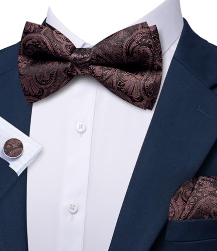 Image of Barry.Wang Paisley Striped Bow Tie for Men Silk Pre-Tied Bowtie Pocket Square Cufflinks Set Formal Wedding Party Prom