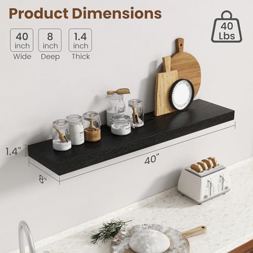 Image of 40 Inch Floating Shelves for Wall, 8 Inch Deep Floating Shelf for Storage & Display, Rustic Wall Mounted Shelf with Invisible Brackets for Living Room, Kitchen, Bathroom, Home Decor, Set of 2, Black