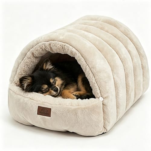 Noocyarn Covered Cat Bed Cave for Indoor Cats, 2-in-1 Enclosed Pet Bed for Small Dogs and Kittens with Zippered Washable Cat Mats, Cat House Bed, Beige