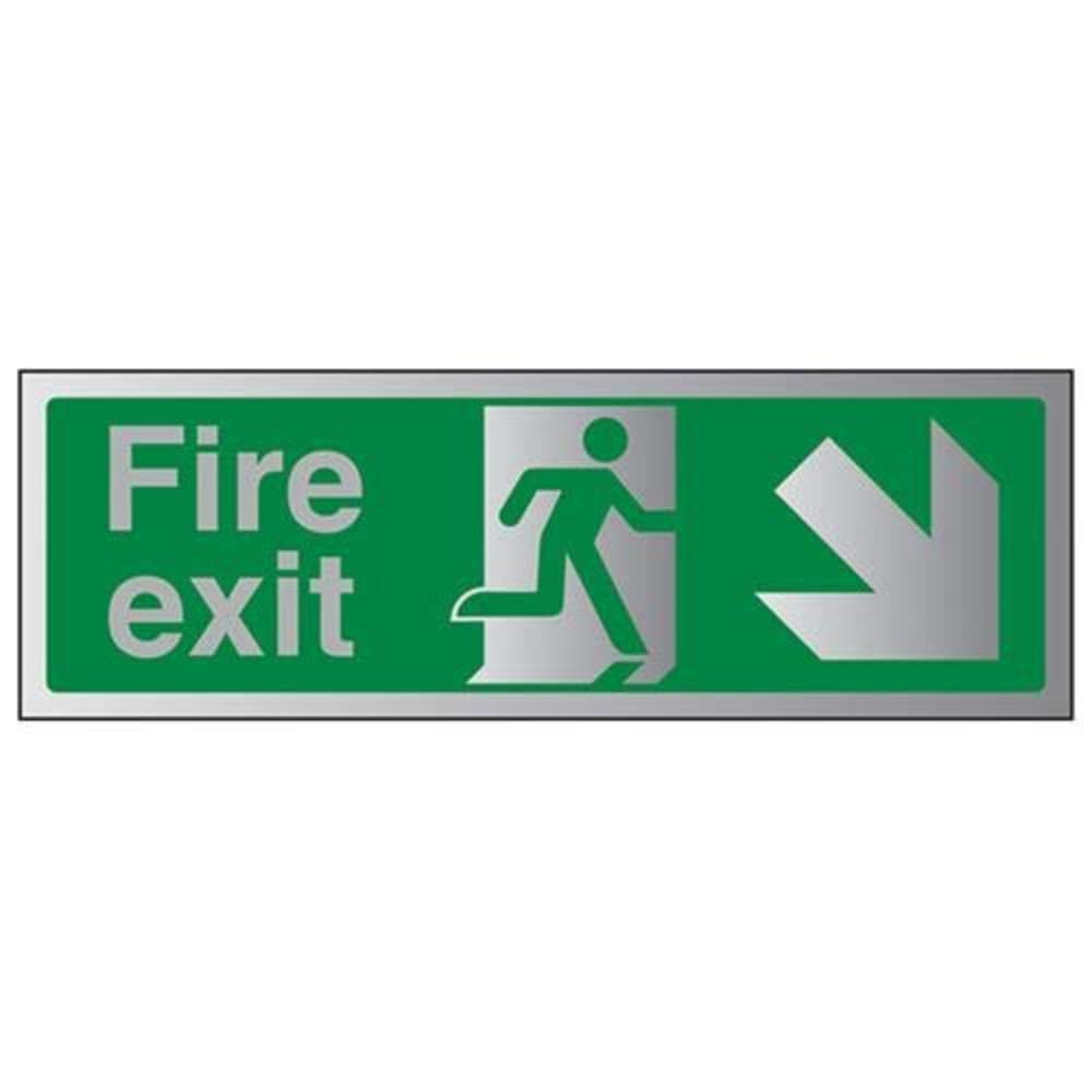 Vsafety Green V Safety Fire Exit Arrow Down Right Sign - 300Mm X 100Mm - Self Adhesive Alu Effect