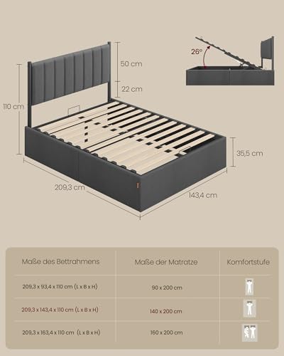 VASAGLE Bettgestell, Bettrahmen, Bett, 140 x 200 cm, klappbar Lattenrost, Unterbettaufbewahrung, Kopfteil, Hydrauliksystem, modern, einfache Montage, dunkelgrau RMB614G02
