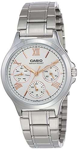 Casio Reloj de Pulsera de Acero Inoxidable Esfera Negra para Mujer Ltp V300D 1Audf, Plata/Oro, 38×33.2×8.2mm, Correa