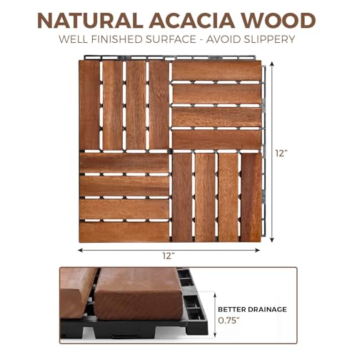 Image of 10pcs Interlocking Wood Deck Tile for Patio, 12 inchx12 inch Waterproof Solid Wood Patio Tiles (Square Joint, Walnut)