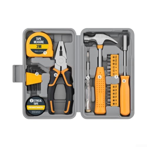 ARMYJY Juego de herramientas manuales, kit de herramientas de 24 piezas, llaves hexagonales, cinta métrica eléctrica, probador de voltaje con caja de herramientas para proyectos de reparación del