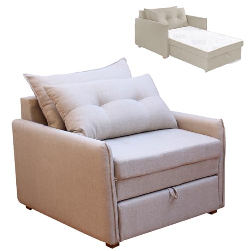 Sofá Cama Retrátil Solteiro Linho Estofado com Almofada Montreal (Bege)