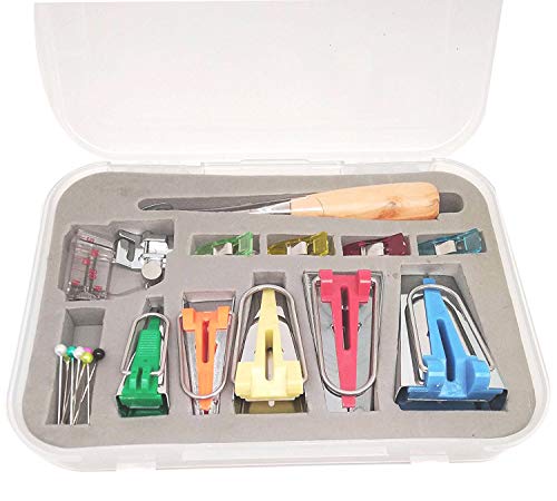YICBOR Kits de cinta de bies para hacer bies, 5 tamaños, 6 mm, 9 mm, 12 mm, 18 mm, 25 mm, clips para manualidades