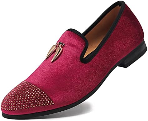 Men's Velvet Loafers, Mens Fashion Dress Shoes with Rhinestone for Wedding Party Penny Slip-On Glitter Tuxedo Shoes (Red)