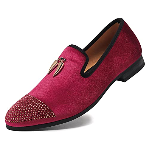 Men's Velvet Loafers, Mens Fashion Dress Shoes With Rhinestone For Wedding Party Penny Slip-On Glitter Tuxedo Shoes (Red) #TOP16