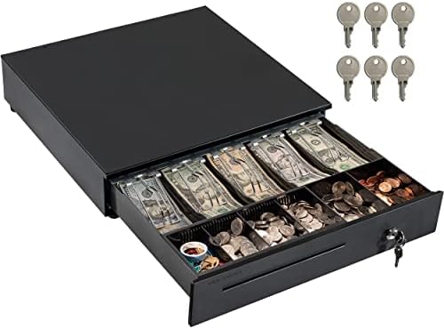 Cash Register Drawer for Point of Sale (POS) System with Removable Coin Slots, 5 Bill/6 Coin, 24V, RJ11/RJ12 Key-Lock, Media Slot, Black