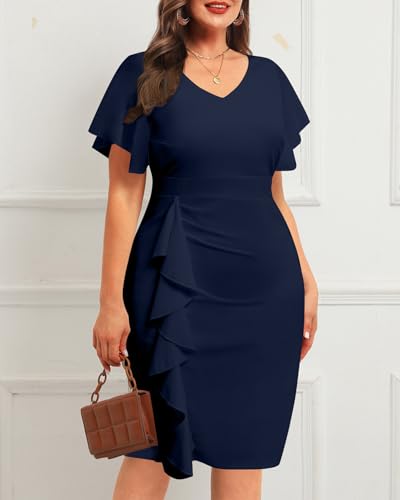 Image of Plus Size Cocktail Dress - Wedding Guest Women Bodycon Vintage Ruffle Church Pencil Dress