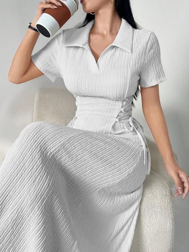 Image of Shasmi Women's Solid Color Applique Lace-Up Collared Short Sleeve, Side-Tie Waist Long Casual Maxi Women Dress Outfit Long Evening Midi Western Party Dress for Women (Dress 211)