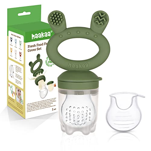 Image of Haakaa Baby Fruit Food Feeder Pacifier | Milk Frozen Set | Silicone Feeder and Teether for Infant Safely Self Feeding, BPA Free Teething Relief Toy (Olive Green)