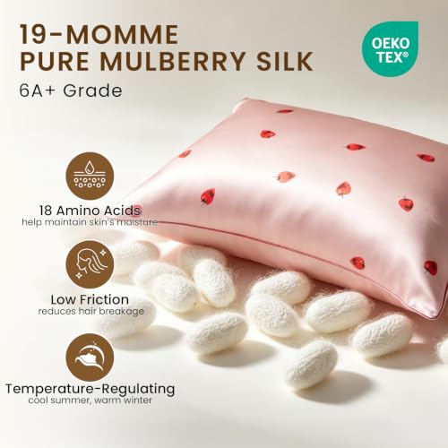 Image of THXSILK Set of 2 Pink Strawberry Heart Pattern Mulberry Silk Pillowcase for Hair and Skin, King Size 20 inchx36 inch