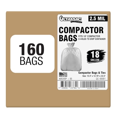 Ultrasac 18 Gallon Compactor Bags (160 Pack with Ties) For 18 Inch Compactors - 28.25" x 33.5" Heavy Duty 2.5 MIL Garbage Disposal Bags Compatible with Whirlpool