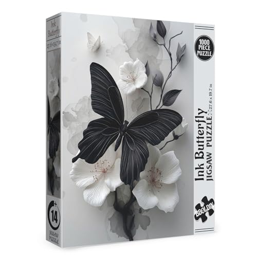 Butterfly Black and White Puzzle for Adults 1000 Pieces, Aesthetic Art Jigsaw Puzzle, Animal Flower Floral Puzzle