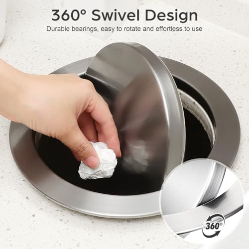 Image of Cabilock Round Recessed Countertop Trash Bin Lid, Stainless Steel Built-in Flap Cover for Kitchen & Bathroom, Silent Swing Balance Grommet Door for Office Desk, Home Waste Bin Replacement Cover