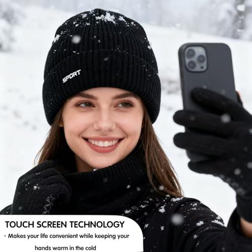 Atsmoce 3 in1 Winter Mütze Schal Handschuh-Set, Herren Strickmütze Beanie, Wintermütze mit Touchscreen Handschuhe Winterschal, Weicher Stoff mit guter Wärmeisolierung