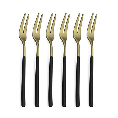 BRIIEC 6 Pieces Matte Black Gold 2 Tines Cake Fork 18/10 Stainless Steel Silverware Set