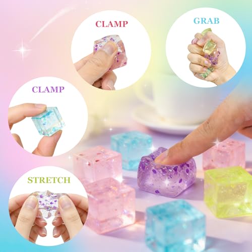 Image of 24Pcs Glitter Ice Cube Squishy,Bulk Stress Sparkle Fidget Toys, Ice Cube Squeeze Toys - Square Sensory Toys, Squeeze Toys - Small Stress Balls for Adults, Perfect Party Toy Gift