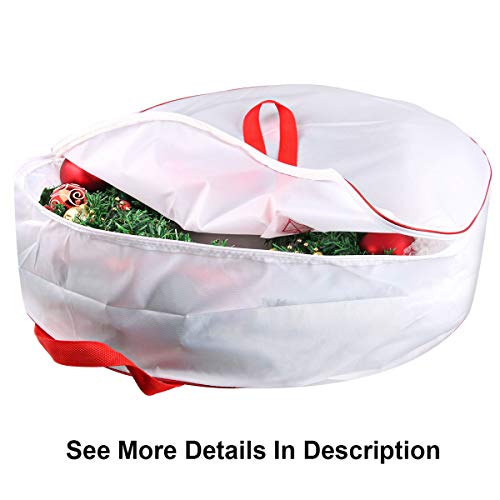 TQS 25" Christmas Wreath Storage Bag - Xmas Large Wreath Container - Reinforced Wide Handle and Double Sleek Zipper - Heavy Duty Protect Your Party Decorations Garland - White