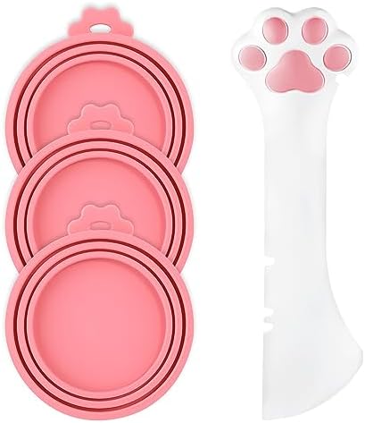3pcs Pet Food Can Covers with Cute Spoon, Silicone Pet Food Can Lids, Cat & Dog Food Can Lid with Cat Paw Shaped Pet Food Can Spoon for Pet Cat and Dog Feeding Jars (Pink)