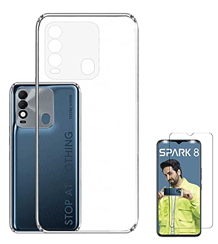 Image of Soft Flexible Silicone Back Cover Compatible with Tecno Spark 8, Transparent Case + Screen Guard