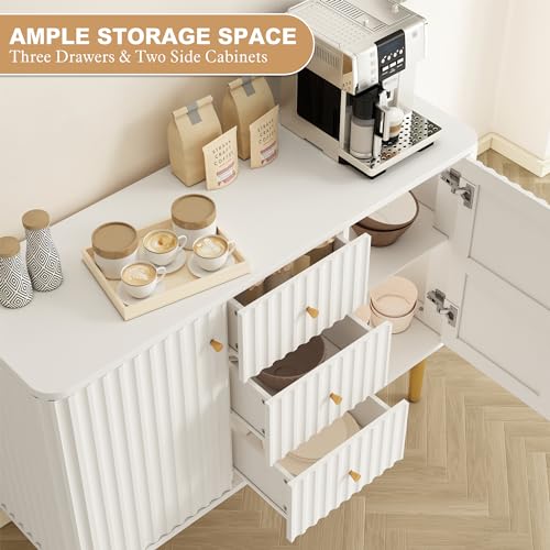Modern White Sideboard Buffet Cabinet with Drawers - 48 Fluted Accent Cabinet for Entryway, Kitchen, Living Room