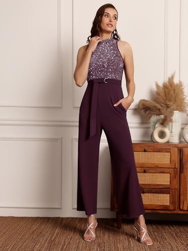 Image of Miss Chase Womens Halter Neck Sleeveless Embellished Regular-Length Jumpsuit