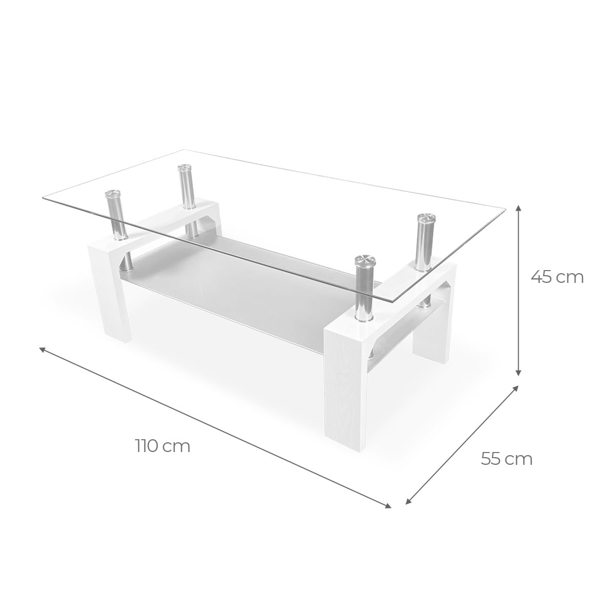 Homey - Mesa de Centro de Cristal, Mesita de Salón o Comedor, Modelo Tango, Acabado en Color Cambria, Medidas: 110 cm (Ancho) x 55 cm (Fondo) x 45 cm (Alto)
