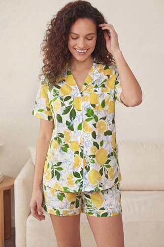 Image of LUBOT 100% Cotton Pajamas for Women 2 Piece PJ Set Poplin Woven Lightweight Ladies Button Short Sleeve Sleepwear S-XXL