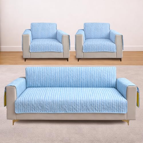 Image of Homerz Premium 5(3+1+1) Seater Quilted Reversible Sofa Cover Mat with Pocket Arms | Polyester Blend 350 GSM Full Coverage & Back Belt for Stability (Solara, 5(3+1+1) Seater)