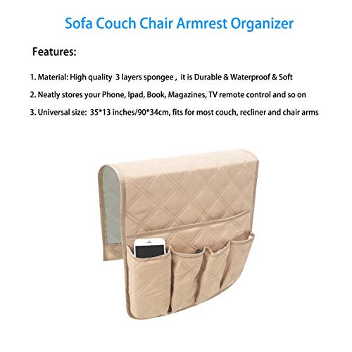 Talc Non-Slip Sofa Armrest Storage Organizer, Waterproof Couch Recliner Remote Control Holder With 5 Pockets Armchair Caddy For Ipad, Phone, Magazines, Tv Remote Control – 2 Packs (Beige) #TOP3