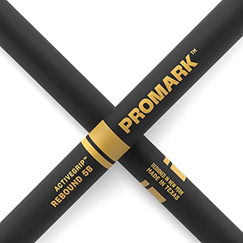 Promark Activegrip Drum Sticks - Rebound 5B Drumsticks - For Secure, Comfortable Grip - Gets Tackier As Your Hands Sweat - Hickory Wood - Acorn Tip, Black, One Pair #TOP4