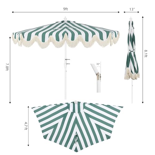JONATHAN Y Beverly 9 ft. Coastal Green and White Striped Half Patio Umbrella with Scalloped Fringe, Crank Lift, and Manual Tilt for Balcony, White Pole UMB1201L by JONATHAN Y - Used condition - Image 3