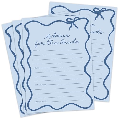 DEEKA 30 PCS Bridal Shower Games Card for 30 Guests Blue Wavy Border Ribbon Bow Funny Wedding Bachelorette Party Games for Reception (Advice for The Bride)