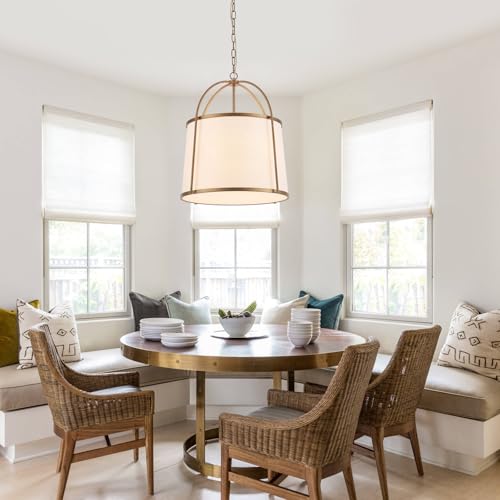 VANZARLA Rustic Modern Chandelier for Entryway, Dining Room Chandelier with Off-White Fabric Shade, Gold Pendant Light Fixture for Bedroom Kitchen Farmhouse by VANZARLA - Image 2