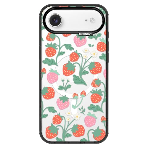 Coque iPhone Air MagSafe transparente noire antichoc bouton caméra motif fraises