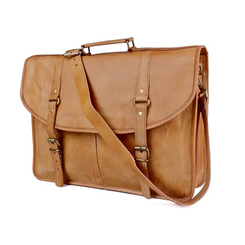 Vintage Brown Genuine Goat Leather Messenger Bag, Brass Hardware, Tan Brown3