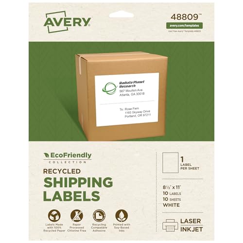 Image of Avery EcoFriendly Recycled Shipping Labels, 8-1 /2 inch x 11 inch Full-Sheet Labels, White, Permanent Adhesive, Laser & Inkjet Printers, 10 Total, Great for Mailing, Product Merchandising, and More (48809)