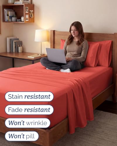 Image of Extra Deep Twin XL Sheet Set - 4 Piece Breathable & Cooling Sheets - Coral | Hotel Luxury Bed Sheets Set, Easy & Secure Fit, Ultra-Soft, Wrinkle & Fade Free, Comfy Sheets Set with Extra Deep Pockets