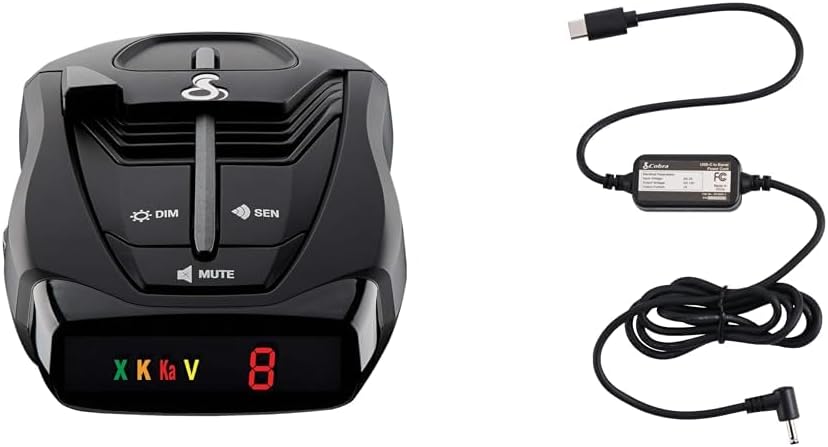 Cobra RAD 380 Laser Radar Detector + USB-C Power Cable Bundle – Long Range Detection, LaserEye Front and Rear Detection, IVT Filtering, Adjustable Sensitivity, Digital Signal Processing, Black