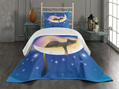 Ambesonne Cat Coverlet, Cat Sleeping on Crescent Moon Stars Night Dreams Themed Design, 3 Piece Decorative Quilted Bedspread Set with 2 Pillow Shams, Twin Size, Yellow Blue