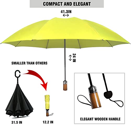 Yellow Umbrella Reversible Umbrella Strong Umbrella For Women Foldable Umbrella Travel Strong Umbrella For Wind And Rain Windproof Travel Umbrella Wooden Handle #TOP2