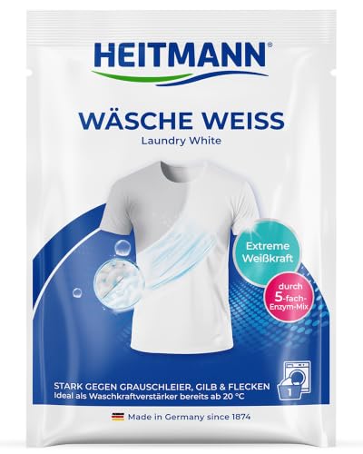 Heitmann Wäsche Weiss 50 g | Zusatz für Waschmittel für weiße Wäsche & alle Faserarten und Temperaturen | Waschpulver gegen Gilb & Grauschleier | Für alle Waschtemperaturen