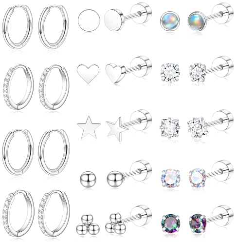 Flat Back Stud Cartilage Earrings for Women Surgical Stainless Steel Earring Sets Stack for Sensitive Ears Multiple Piercing Silver Screw Back