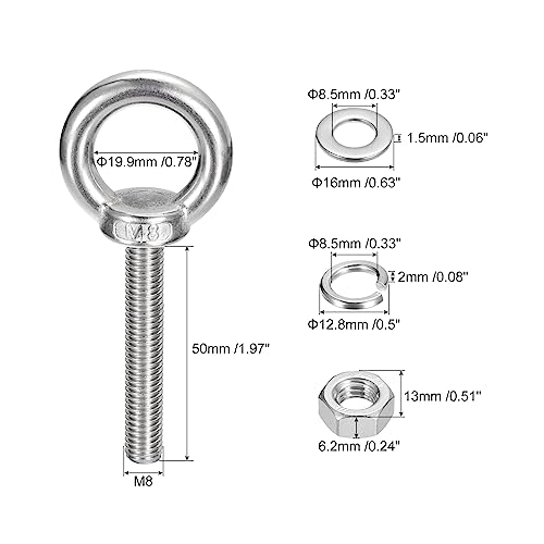 Image of uxcell Lifting Eye Bolt, 1 Set M8x50mm Eye Bolt with Nut Washer 304 Stainless Steel Shoulder Lifting Ring Eye Bolt for Hanging Item