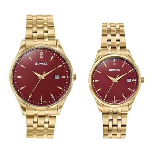 Image of Sonata Jashn with Quartz Analog Red Dial Gold Strap Men and Women (Pair) Wedding Watch - 7721087125YM03
