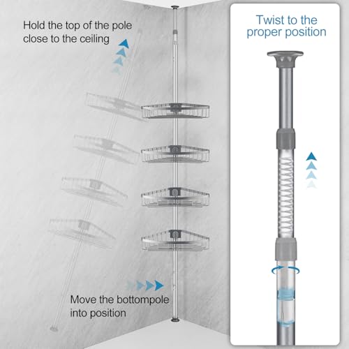 MALIRUE Telescopic Corner Shower Caddy, 4-Tier Adjustable Shower Shelves Rustproof Bathroom Corner Shelf, Shower Caddy No Drilling for Bathroom Accessories Storage, Gray- 73-302cm - Image 3